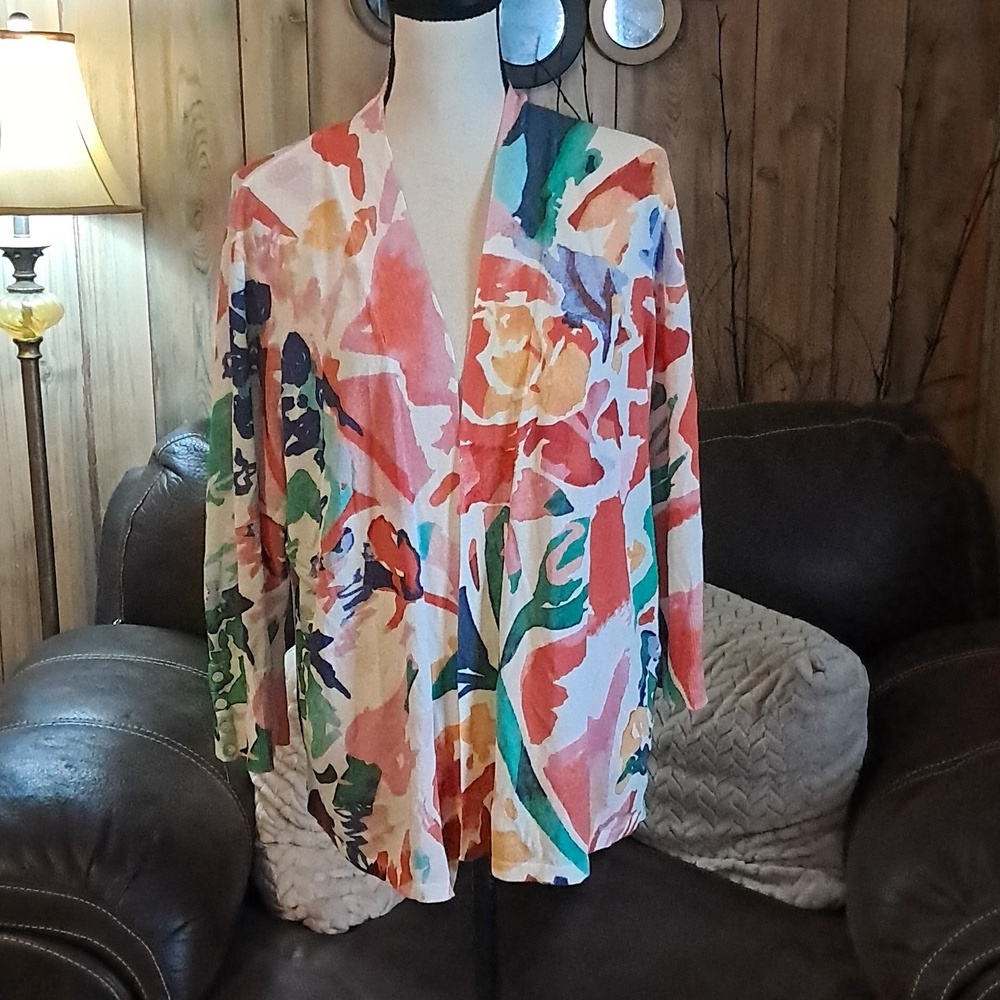 Chico's Multicolor Floral Cardigan Cotton Blend Grandmacore Lagenlook Tropical